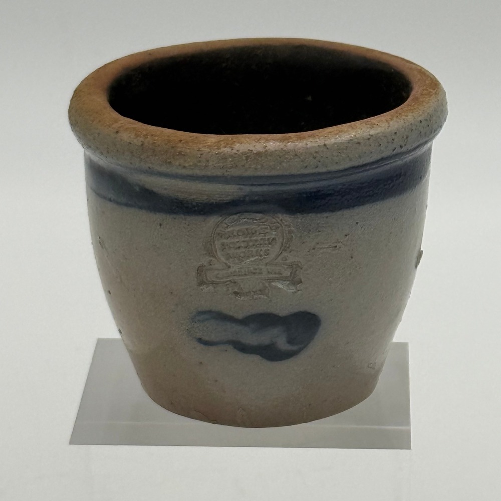 Rowe Pottery Works Salt Glazed Stoneware Miniature Crock Blue Stripe Grey 2.5"